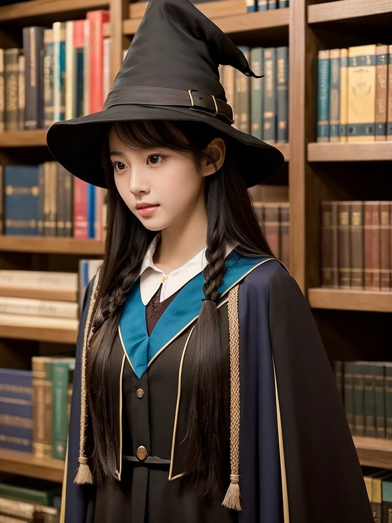 Korean girl with average chest, long black hair, and brown eyes. The girl in the Ravenclaw faculty's Hogwarts robes. Under her mantle she has a black dress with a neckline. She has a pointed hat on her head like a witch. The environment is a bookstore