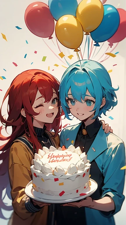 Three female characters celebrating a birthday: one with short blonde hair, another with long red hair and the protagonist with short, light blue hair. The background shows a birthday party with balloons, confetti and a large decorated cake. They are dressed in festive clothes and have happy expressions. The blonde is on the left, the redhead on the right and the protagonist with blue hair in the center, holding the cake. The scene is colorful and vibrant, capturing the spirit of the celebration.