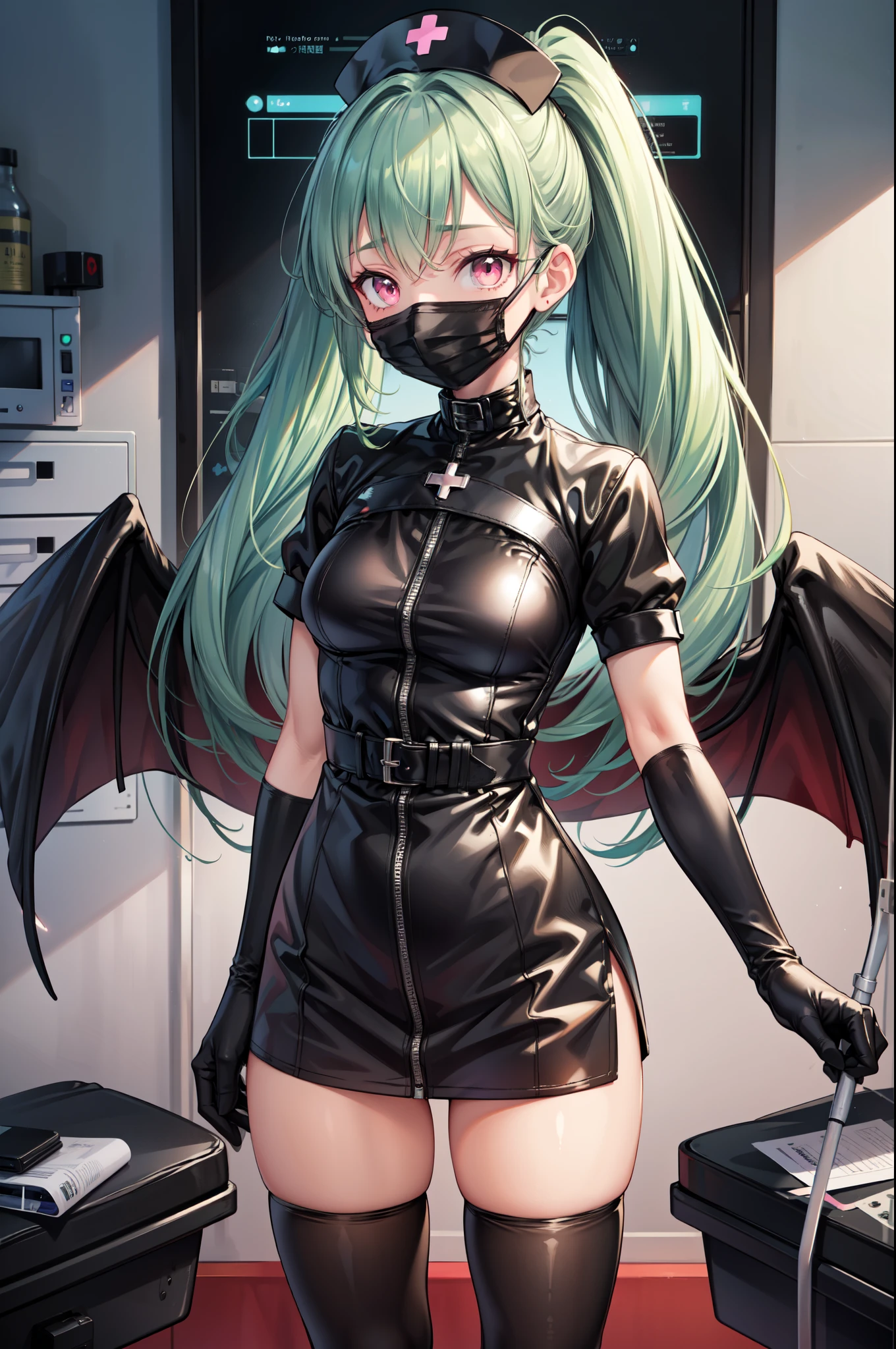 black nurse, 1girl, solo, black nurse cap, black nurse uniform, ((black legwear, zettai ryouiki)), black elbow gloves, ponytail, green hair, pink eyes, ((black surgical mask, covered nose)), standing, ((surgery room)), sharp outline, short sleeves, best quality, masterpiece