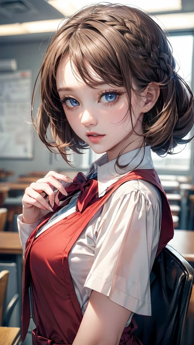 Pokémon Giselle,(mejor calidad,4k,8k,alta resolución,Obra maestra:1.2), ultra detallado, (Realista,photoRealista,photo-Realista:1.37),realistic portrait of a ((young woman)),((giselle of pokemon)), with the following features: (oval face with high and well-defined cheekbones,giselle of pokemon large and expressive almond-shaped ((brown -red eyes)) with dark irises, small and slightly upturned nose, thin pink lips forming a slight smile, clear and smooth complexion with no visible imperfections),((appereance as giselle character of pokemon)), (long, straight, and exceptionally voluminous hair with a silky texture,((as giselle pokemon)) ,cascading gracefully past her shoulders, deep dark brown color with subtle highlights. The hair is styled with two distinctive strands crossing her forehead in a zigzag pattern. She has long, thin bangs ((((chasquillas)))) (((that frame both sides of her face))), adding a delicate touch. The hair on the sides descends in sleek, thin strands, giving the impression of being carefully styled to maintain its volume and elegance) (wearing a short-sleeved white shirt with a prominent red bow tied at the collar, blue vest that complements her outfit) (background: school classroom, with soft and blurred colors to ensure the focus remains on her distinctive features and elegantly styled hair).