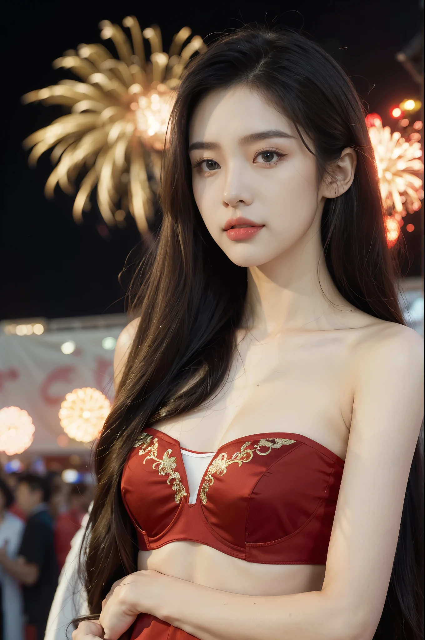 (((best quality))),(((ultra detailed))),(((masterpiece))),illustration, ((Olympic Opening Ceremony,in Paris,summer night,magnificent National stadium of France,Olympic flame, fireworks)),(crowded crowds of enthusiastic spectators:1.3),((a beautiful Chinese girl,solo)),((shoulder length straight hair:1.2)),((slim,thin)),((small breasts,flat chest)),(strapless red bra:1.3),excited expression, awe, celebrating, electric atmosphere, sense of pride, excitement, playing field, crowd energy, unity, camaraderie, representing China, historic event, memorable moment,((from front,close-up of face))