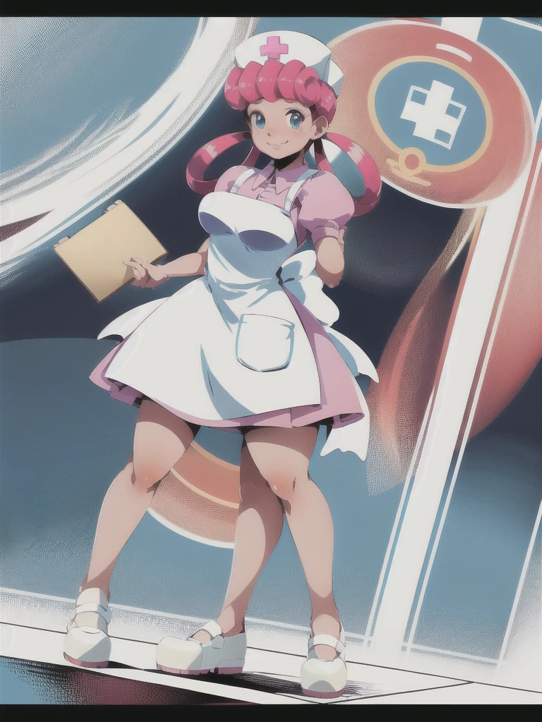 (masterpiece, Highest quality:1.2), nurse joy, Pokemon, blue eyes, Mouth closed, Long Hair, Pink Hair, Short sleeve, nurse, blush, Holding, puffy Short sleeve, Large Breasts, Puff sleeves, nurse cap, One girl, View your viewers, smile, alone, Have, dress, apron, Hair Ring, clipboard