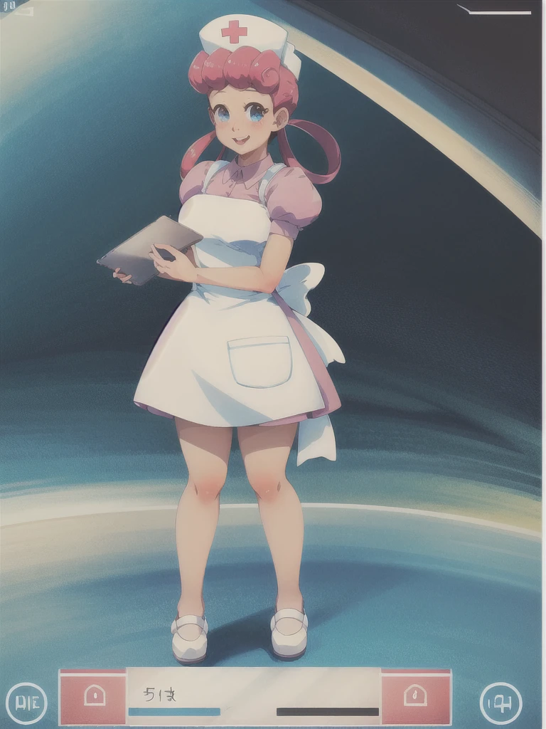 (masterpiece, Highest quality:1.2), nurse joy, Pokemon, blue eyes, Mouth closed, Long Hair, Pink Hair, Short sleeve, nurse, blush, Holding, puffy Short sleeve, Large Breasts, ???? sleeves, nurse cap, One girl, View your viewers, smile, alone, Have, dress, apron, Hair Ring, clipboard