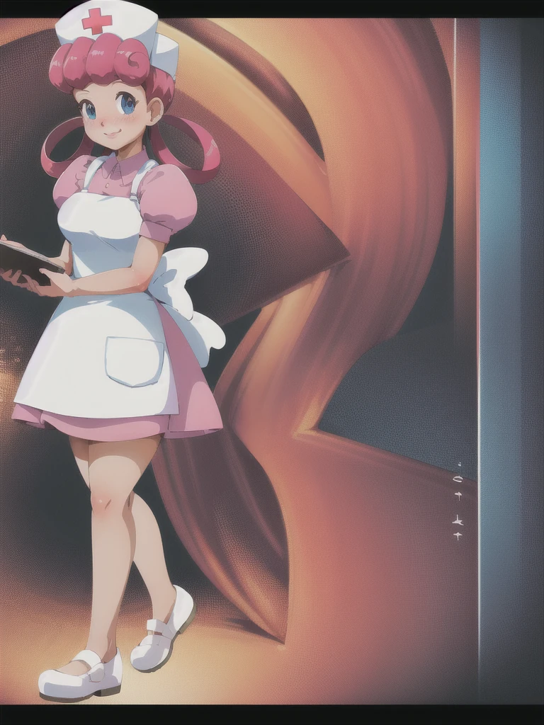 (masterpiece, Highest quality:1.2), nurse joy, Pokemon, blue eyes, Mouth closed, Long Hair, Pink Hair, Short sleeve, nurse, blush, Holding, puffy Short sleeve, Large Breasts, Puff sleeves, nurse cap, One girl, View your viewers, smile, alone, Have, dress, apron, Hair Ring, clipboard