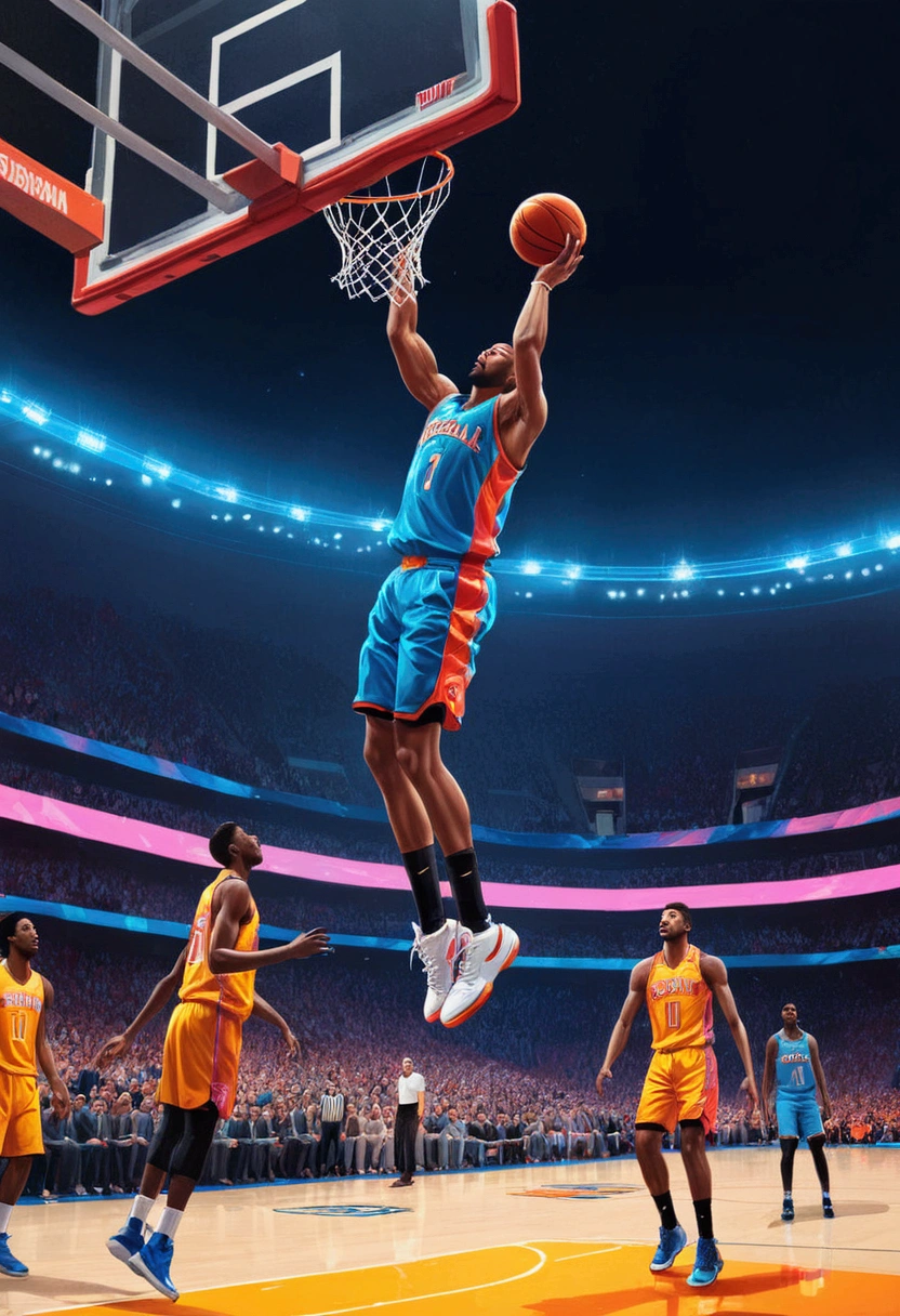 powerful basketball Dunk, Game-Winning Dunk, by Alena Aenami, full body, cinematic still, (best quality, masterpiece), very aesthetic, perfect composition, intricate details, ultra-detailed, vivid colors
