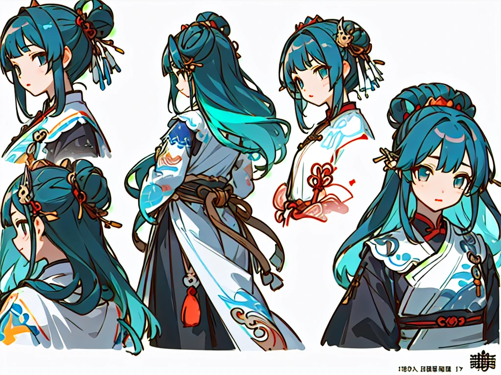 ((masterpiece)),(((best quality))),(character design sheet, same character, front, side, back), illustration, 1 girl, hair color, hairpin, bangs, hairstyle fax, eyes, environment Scene change, hairstyle fax, pose Zitai, female, ancient Chinese princess, charturnbetalora, (simple background, white background: 1.3)