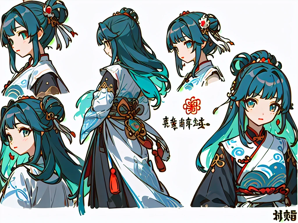 ((masterpiece)),(((best quality))),(character design sheet, same character, front, side, back), illustration, 1 girl, hair color, hairpin, bangs, hairstyle fax, eyes, environment Scene change, hairstyle fax, pose Zitai, female, ancient Chinese princess, charturnbetalora, (simple background, white background: 1.3)