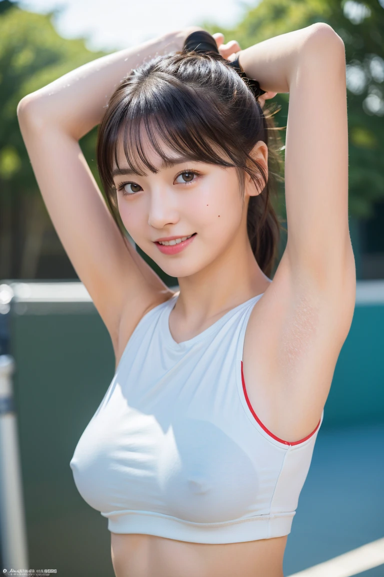 Flying debris, Highest quality, shape, Very detailed, finely, High resolution, 8k wallpaper, Perfect dynamic composition, finelyてBeautiful Eyes,Medium Hair,Small breasts Natural color Lips, Bold sexy pose,smile,Harajuku、20-year-old girl、cute、sexy shot looking at camera、Black hair ponytail , whole body((Realistic lighting, Highest quality, 8k, masterpiece: 1.3)), Clear focus: 1.2, 1 girl, Perfect shape: 1.4,(Cheerleader:1.3),(Outdoor:1.5),(Look under your armpits:1.5),(Stadium:1.1),(Cheer Dance:1.3) Very beautiful face, Beautiful Eyes, double eyelid,smile,(Your cheeks are red:1.3),(No nipples:1.2)
