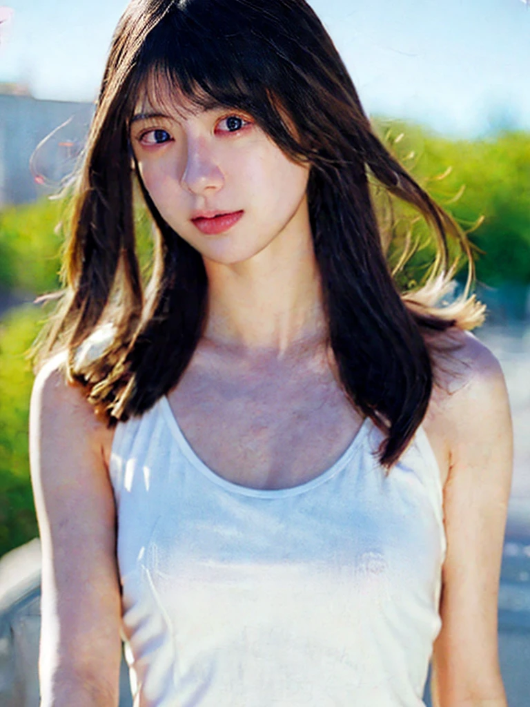 1girl, 19yo, woman, masterpiece, best quality, highest quality, cinematic lighting, (volumetric lighting), extremely detailed CG unity 8k wallpaper, focused, 8k wallpaper, extremely detailed, ultra realistic, photorealistic, sharp focus, absurdres, (HDR:1.2), (high contrast), photograph, detailed and intricate, instagram, portrait, highly detailed, digital painting, artstation, concept art, smooth, sharp focus, illustration, (whole body:1.2), (big breast), look at the viewer, white tanktop, tank top straps sag.