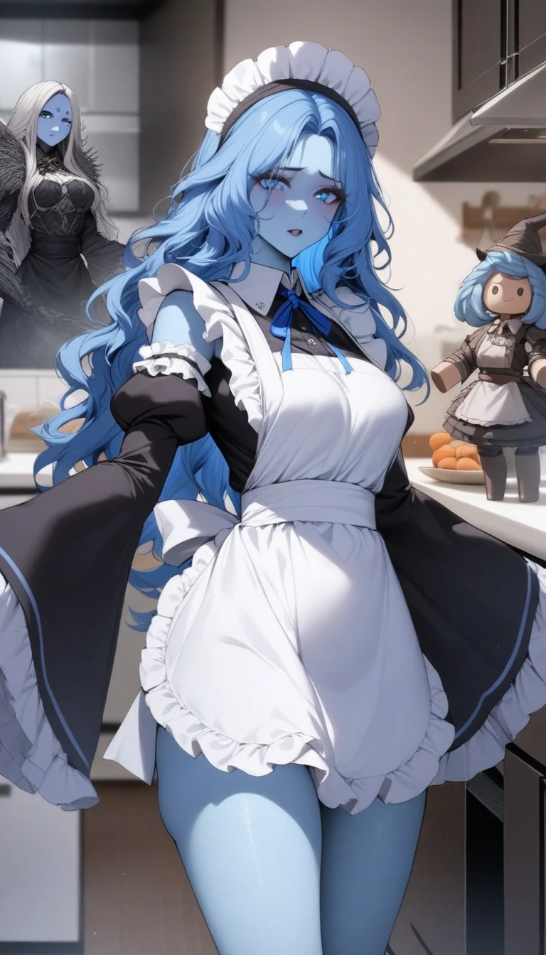 masterpiece, best quality, very aesthetic, absurdres, 1girl, mature_lady, ,ranni_the_witch, elden_ring, blue_eyes, blue_hair, blue_skin, colored_skin, (4arms:1.2), doll_joints, medium_hair, wavy_hair, white_hat, witch_hat,, wide_sleeves, apron, black_sleeves, detached_sleeves, dress, frilled_apron, frilled_sleeves, frills, juliet_sleeves, long_sleeves, maid, maid_apron, neck_ribbon, puffy_sleeves, ribbon, sleeveless, sleeveless_dress, waist_apron,in kitchen,blur background,background defocus,pussy_hair