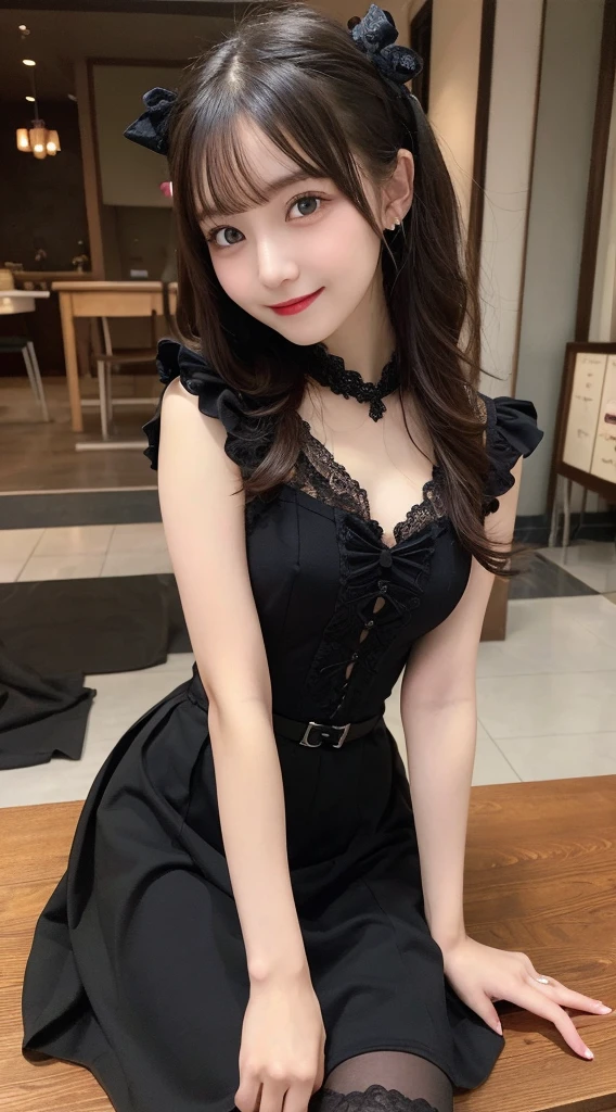 table top, highest quality, figure, super detailed, finely, High resolution, 8k wallpaper, Perfect dynamic composition, beautiful and fine eyes, medium hair,small breasts natural color lip, bold sexy pose,smile,harajuku、20 year old girl、cute、sexy shot looking at camera、gothic lolita clothes、skirt、blouse