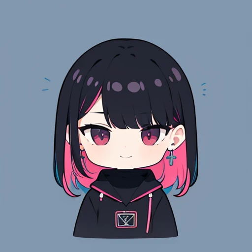 超A high resolution, nffsw, Best aesthetic, Best Quality, masutepiece, Flat avatar, Perfect litthing、(colourfull、vivd colour: 1.4)、a Dog、I am using a computer, Has iridescent hair,　is shy, A smile, hair adornments, chibi, simple background, earrings, jewely, side locks, large oval eyes,Flat avatar,  simple background, A darK-haired,
