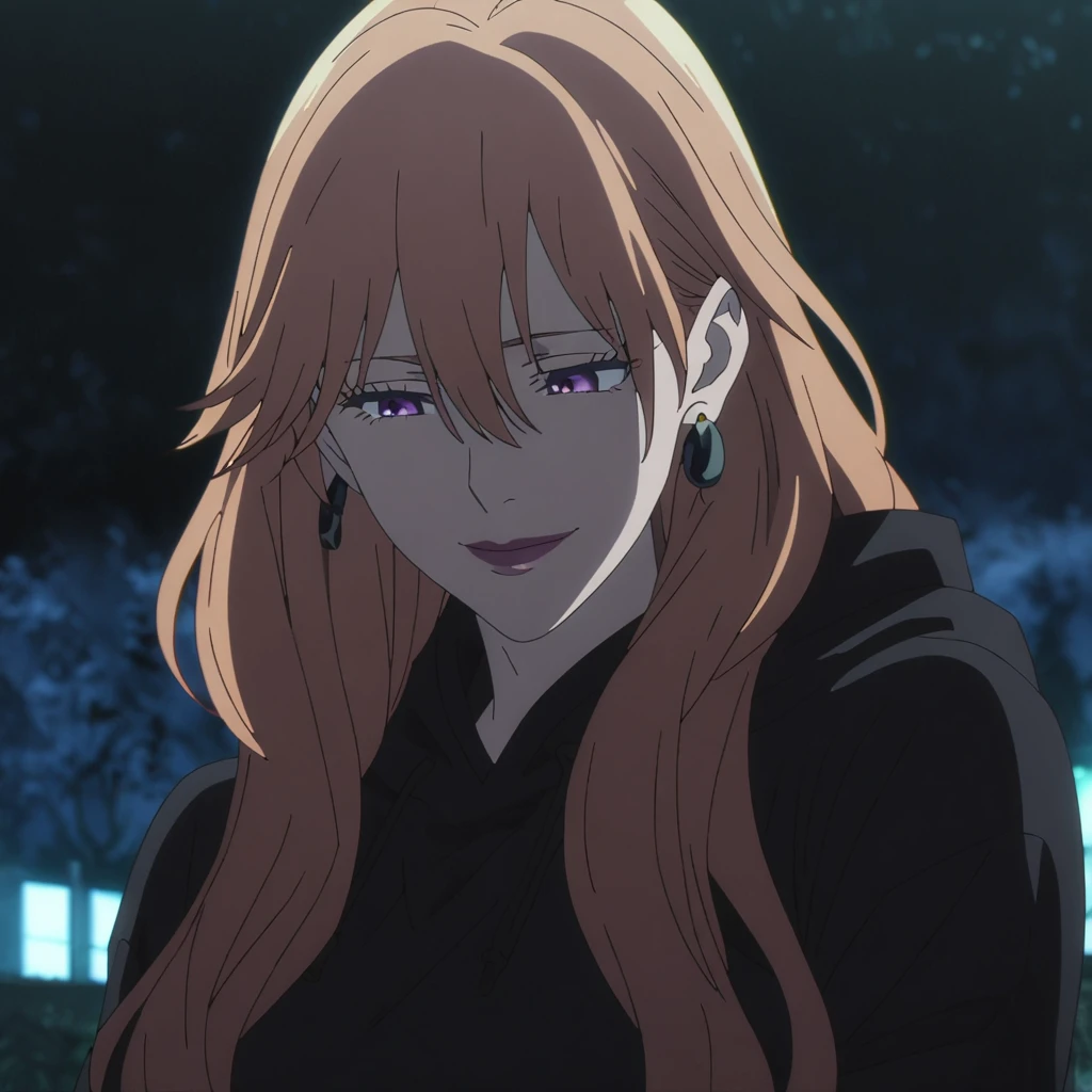 1girl, female gojo satoru, anime screencap from jujutsu kaisen, gojo satoru female version, solo, long_hair, purple eyes (Orange hair), night view, (hanging breasts) upper_body, smile, purple_eyes, lips, ((wearing black hoodie )) breast, "very detailed and high resolution" (purple eyes) ((cross arms)) ((long hair, hair between eyes)) ((solo)) (front view) (earings) ((high resolution)) ((good quality))