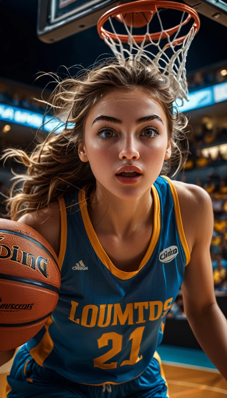 full body shot, low angle shot, game-wining dunk, jumping, basket, (A woman basketball player,1girl,beautiful detailed eyes,beautiful detailed lips,extremely detailed eyes and face,longeyelashes,intense focused expression,dramatic lighting,cinematic camera angle,hyperrealistic,award-winning photography,vibrant dynamic colors,dramatic chiaroscuro), luna