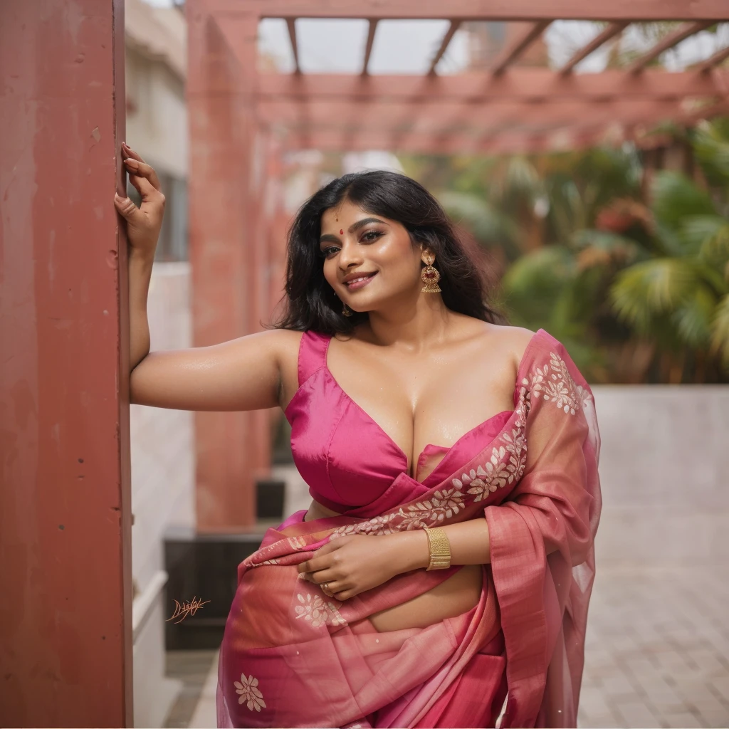 a woman in a pink sari posing for a picture, candid photography, candid picture, dressed in a sari, with a seductive smile, traditional beauty, provocative indian, indian, indian goddess, assamese aesthetic, with lovely look, wearing a sari, by Max Dauthendey, candid!! dark background, candid photo, very seductive pose, sexy pose, big , sexy cleavage, wet full body