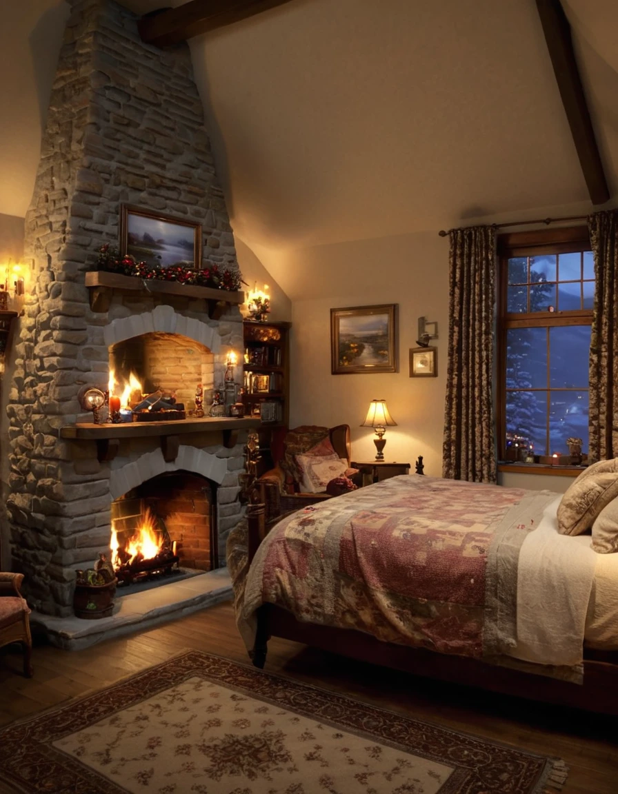 arafed bedroom with a fireplace and a bed with a blanket, thomas kinkade. cute cozy room, cozy and calm, cozy setting, very cozy, cozy wallpaper, cozy room, cozy place, cozy and peaceful atmosphere, cosy enchanted scene, cozy candlelight, cozy environment, cozy bed, soothing and cozy landscape, cozy atmosphere, cosy fireplace