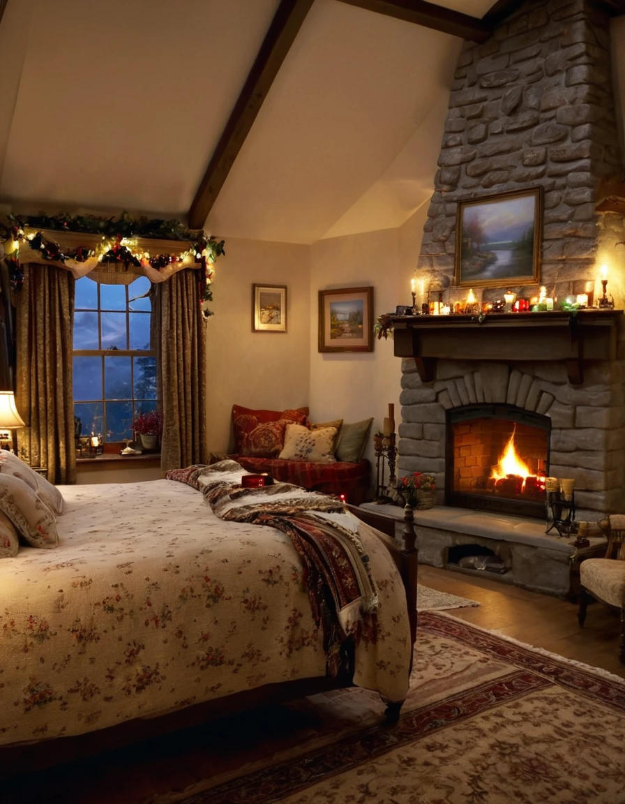 arafed bedroom with a fireplace and a bed with a blanket, thomas kinkade. cute cozy room, cozy and calm, cozy setting, very cozy, cozy wallpaper, cozy room, cozy place, cozy and peaceful atmosphere, cosy enchanted scene, cozy candlelight, cozy environment, cozy bed, soothing and cozy landscape, cozy atmosphere, cosy fireplace