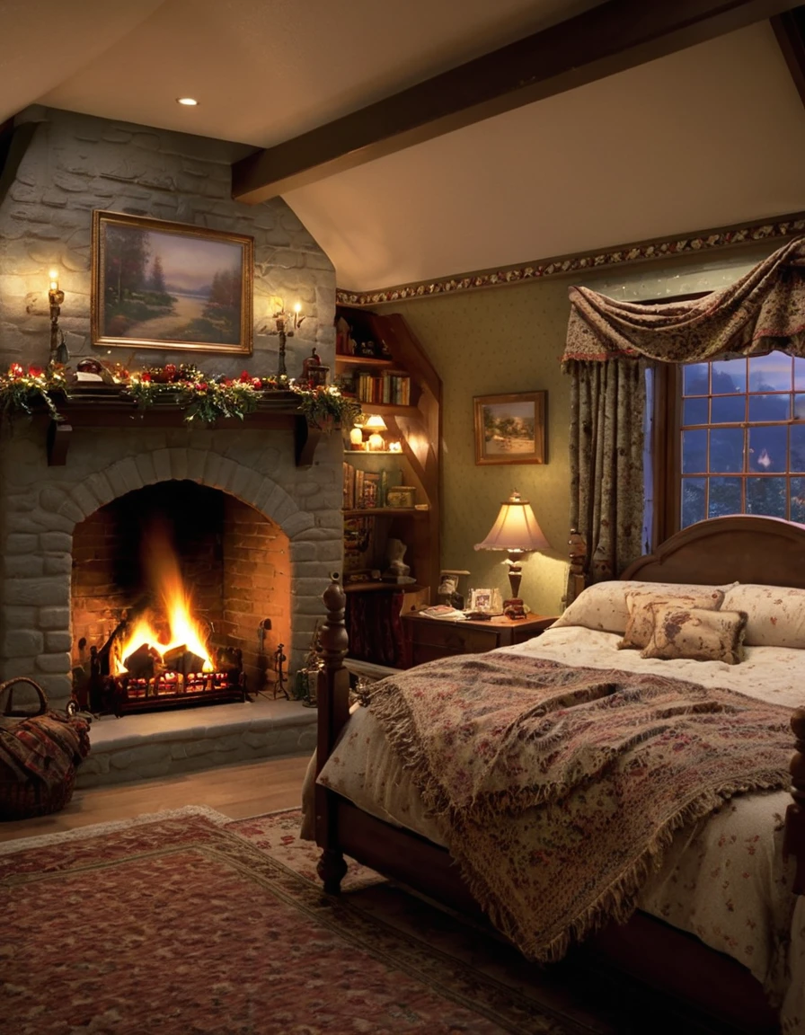 arafed bedroom with a fireplace and a bed with a blanket, thomas kinkade. cute cozy room, cozy and calm, cozy setting, very cozy, cozy wallpaper, cozy room, cozy place, cozy and peaceful atmosphere, cosy enchanted scene, cozy candlelight, cozy environment, cozy bed, soothing and cozy landscape, cozy atmosphere, cosy fireplace
