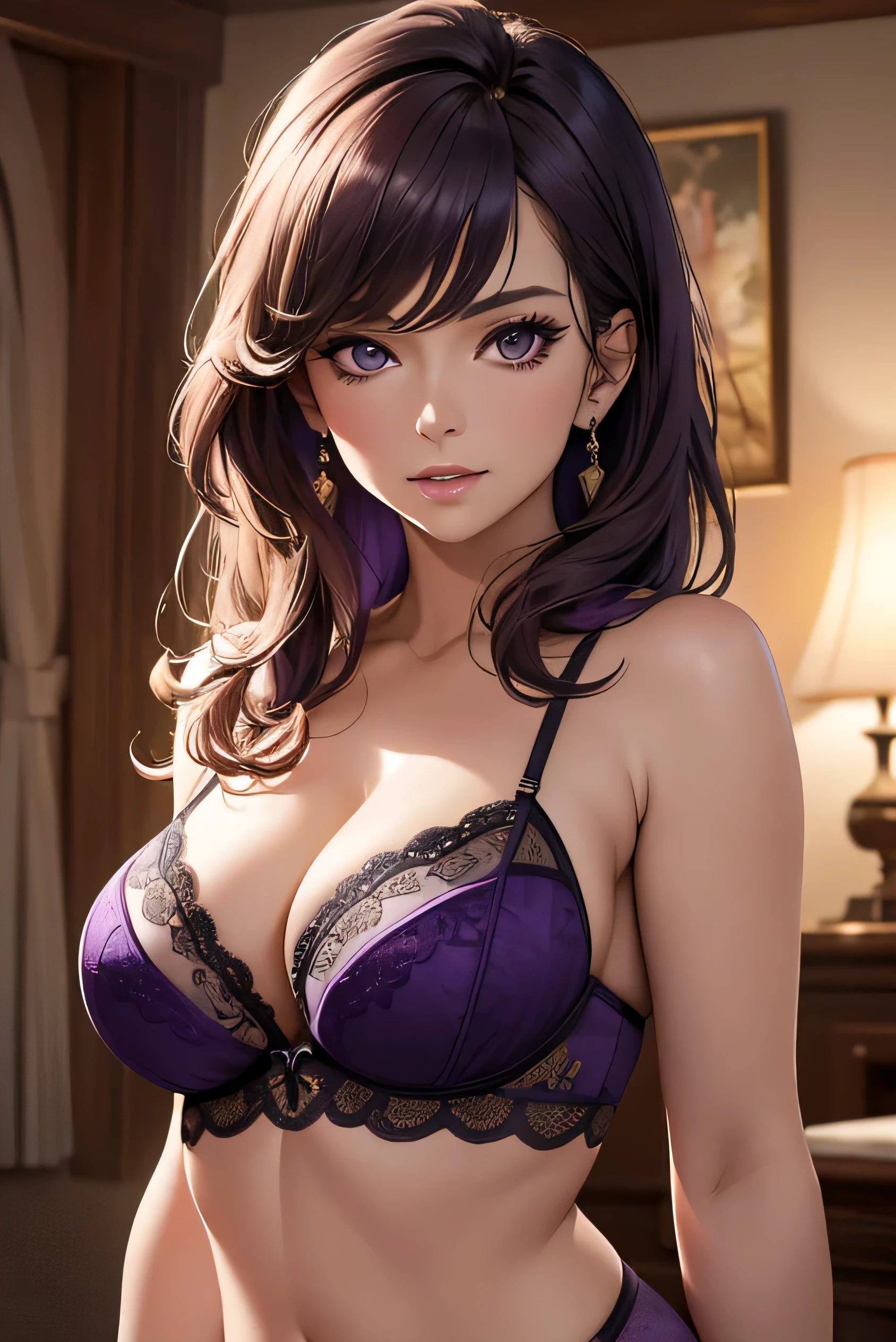 Highest quality, masterpiece, High resolution, Realistic, RAW Photos, 8k wallpaper, perfection, Professional Lighting, Very detailed, ((One beautiful woman)), 80 years old, Sexy Woman, ((Purple Lingerie)), Cleavage, Upper Body, ((look into the viewer&#39;eye)), Detailed face, Beautiful eye, ((I&#39;looking forward to it)), In the stylish dining room, sunny, bangs, Shapely breasts, ponytail, Plump and glossy lips, Cowboy Shot, ((Place your arms between your legs))