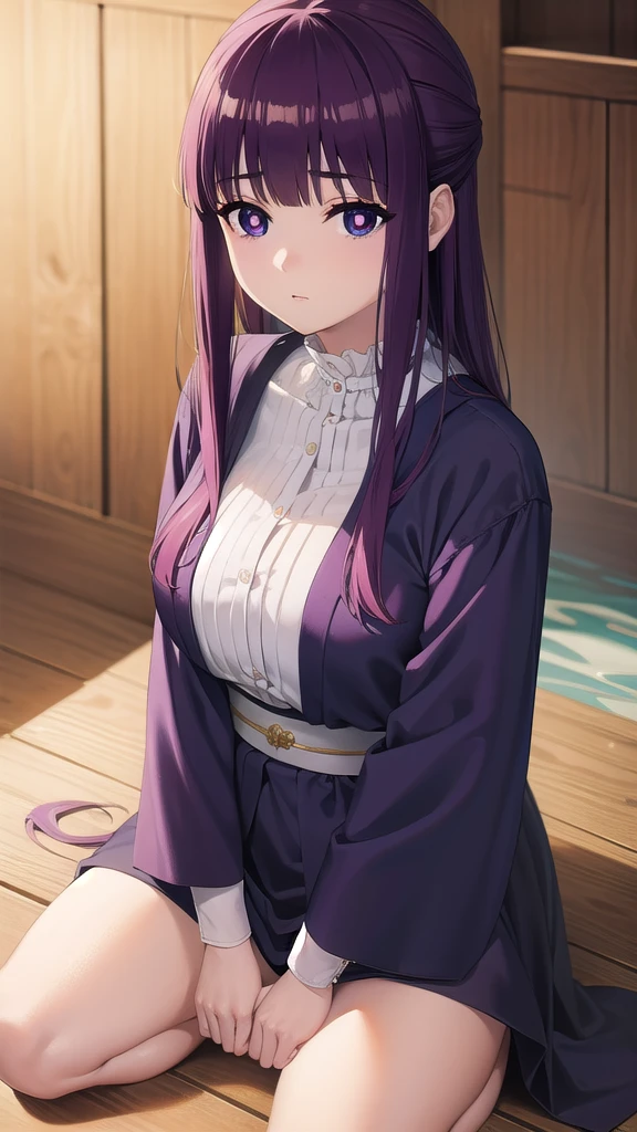 BREAK looking at viewer, BREAK (masterpiece:1.2), best quality, high resolution, unity 8k wallpaper, (illustration:0.8), (beautiful detailed eyes:1.6), extremely detailed face, perfect lighting, extremely detailed CG, (perfect hands, perfect anatomy)fern, long hair, bangs, (purple eyes:1.1), purple hair, sidelocks, blunt bangs, (bright pupils:1.5),onsen,hot springs, night, half updo,
long sleeves,Japanese clothes,yukata, sash, cleavege,neckline,stockings,from above,upskirt,showing panties,camel toe,,staying on knees,on knees