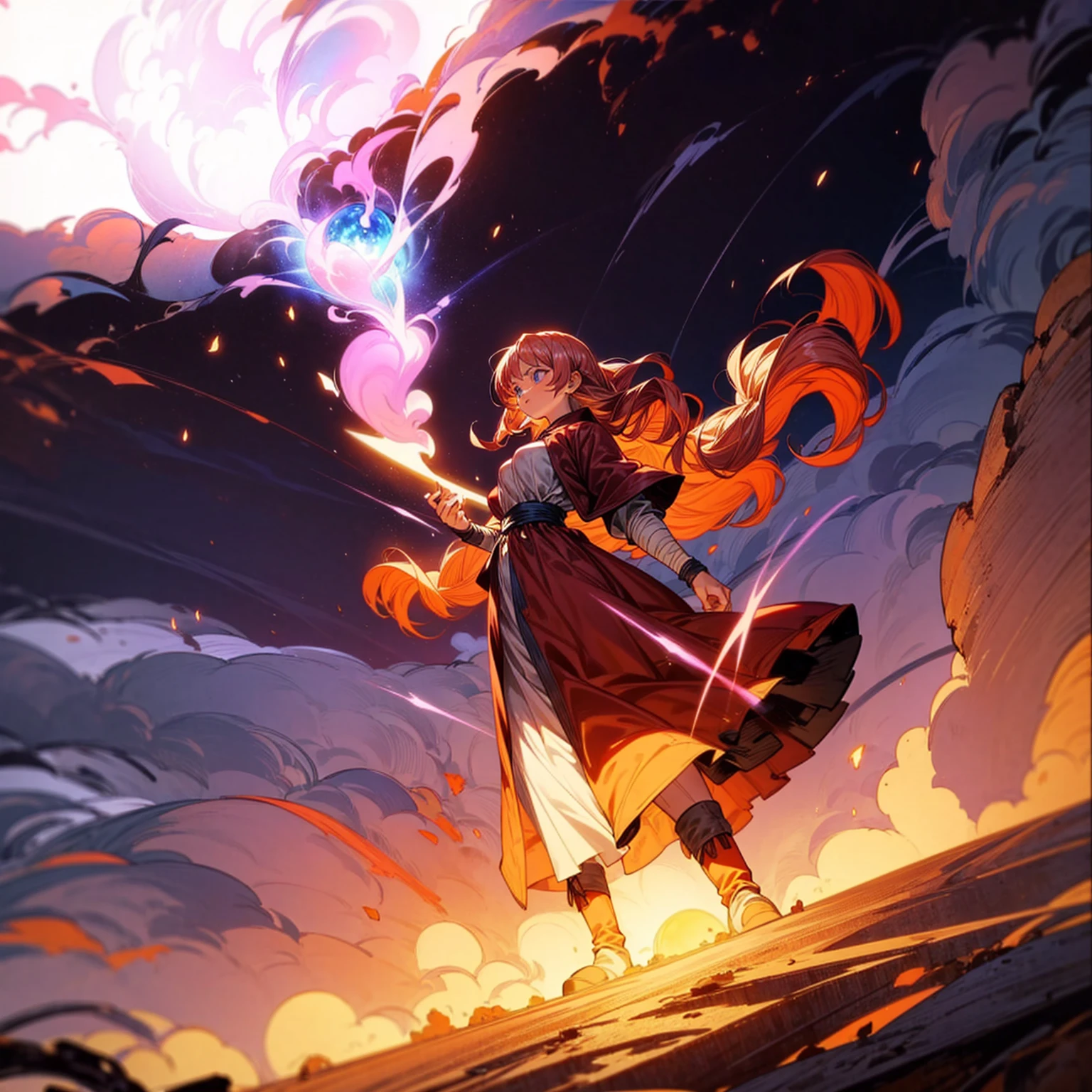 1woman, 1character, woman version, blue eyes, long Curly haircut, pink colour hair, Ancient Roman clothing, red colour clothing, long dress, boots, Bandage on hand, Grassroots, background in field town, motion blur, big fire burned in hand, ((dragon ball art)), (high angle view), smoke effect, aura effect, blue lighting, (the largest blue fireball), Moonlight, moon, fireball light silhouette, blue fire, lightning flash, plasma effect 