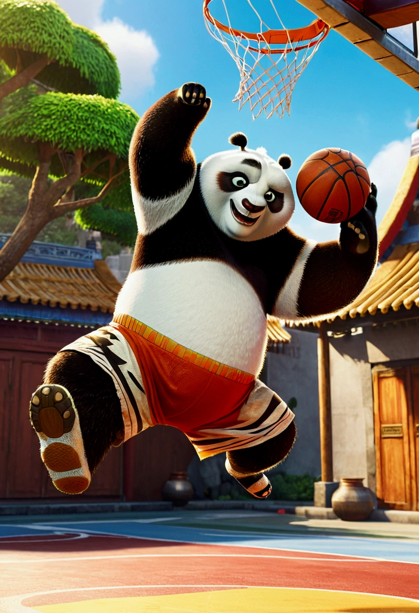 powerful basketball Dunk, Game-Winning Dunk, Kung Fu Panda hold basketball, full body, cinematic still, (best quality, masterpiece), very aesthetic, perfect composition, intricate details, ultra-detailed, vivid colors