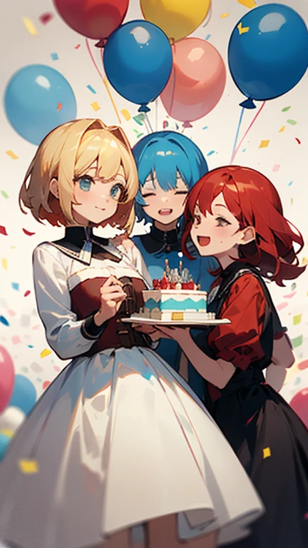 Three female characters celebrating a birthday: one with short blonde hair, another with long red hair and the protagonist with short, light blue hair. The background shows a birthday party with balloons, confetti and a large decorated cake. They are dressed in festive clothes and have happy expressions. The blonde is on the left, the redhead on the right and the protagonist with blue hair in the center, holding the cake. The scene is colorful and vibrant, capturing the spirit of the celebration.