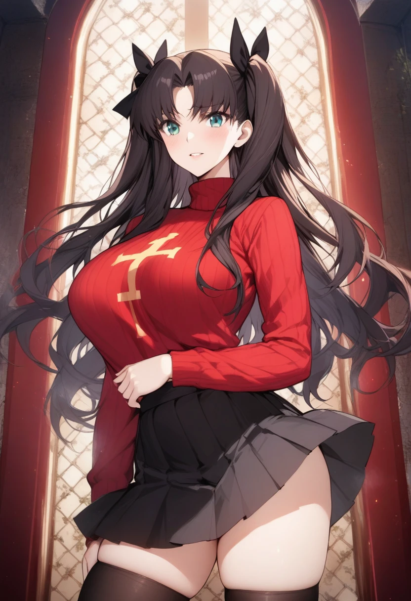 masterpiece, best quality, very aesthetic, absurdres, 1girl, mature_lady, ,,tohsaka_rin, fate/stay_night, fate_(series), 1girl, aqua_eyes, black_hair, two_side_up, long_hair,black hair_ribbon,  cross_print,red_sweater,turtleneck_sweater, black_skirt,  miniskirt, pleated_skirt, black_thighhighs,zettai_ryouiki,,,in heaven,floating_hair,pussy_hair