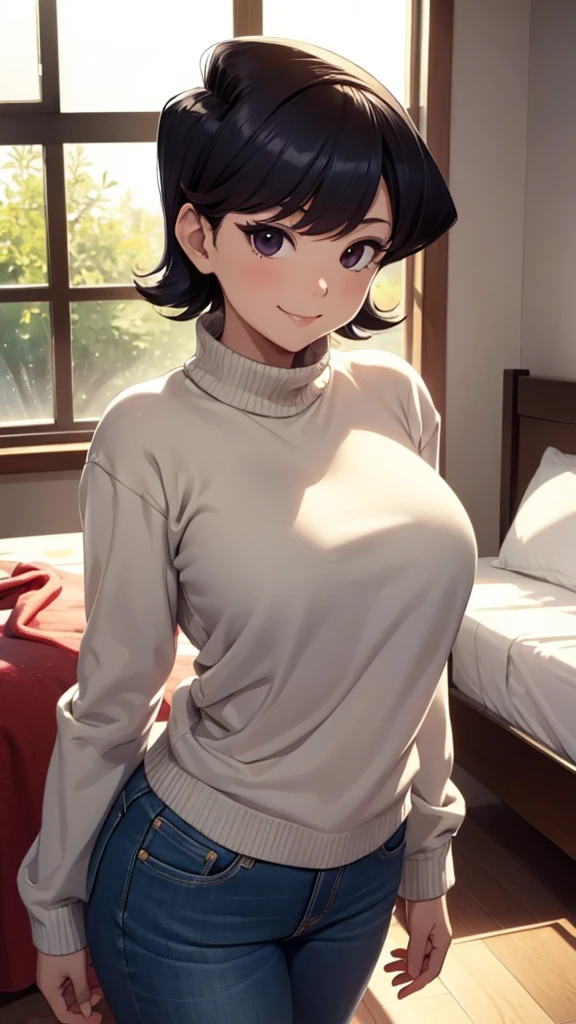 (komishuuko),beautiful,masterpiece, best quality, extremely detailed face,perfect lighting,smile,indoors,bedroom,window,beautiful backdrop,long sleeve sweater,denim pants,huge breasts,sunny,looking at viewer,(1girl:1.3)  