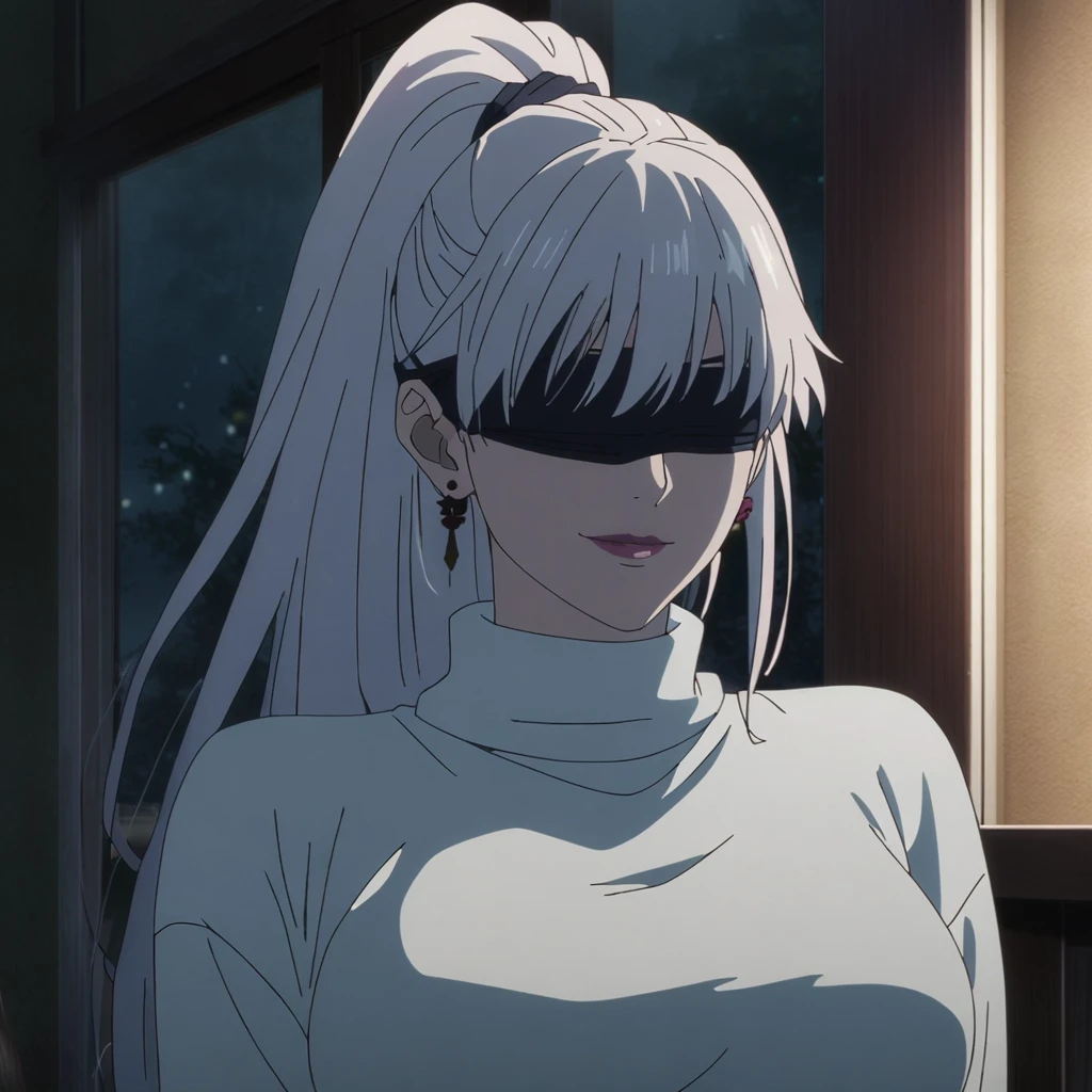 1girl, female gojo satoru, anime screencap from jujutsu kaisen, gojo satoru female version, solo, long_hair, ((wearing black blindfold)) ((White_hair, high ponytail)), night view, (hanging breasts) upper_body, smile, indoors, book, lips, (long hair) ((wearing white colour sweater)) breast, "very detailed and high resolution" (black blindfold) ((solo)) (((front view))) (earings) ((high resolution)) ((good quality)) ((silky hair, high ponytail))