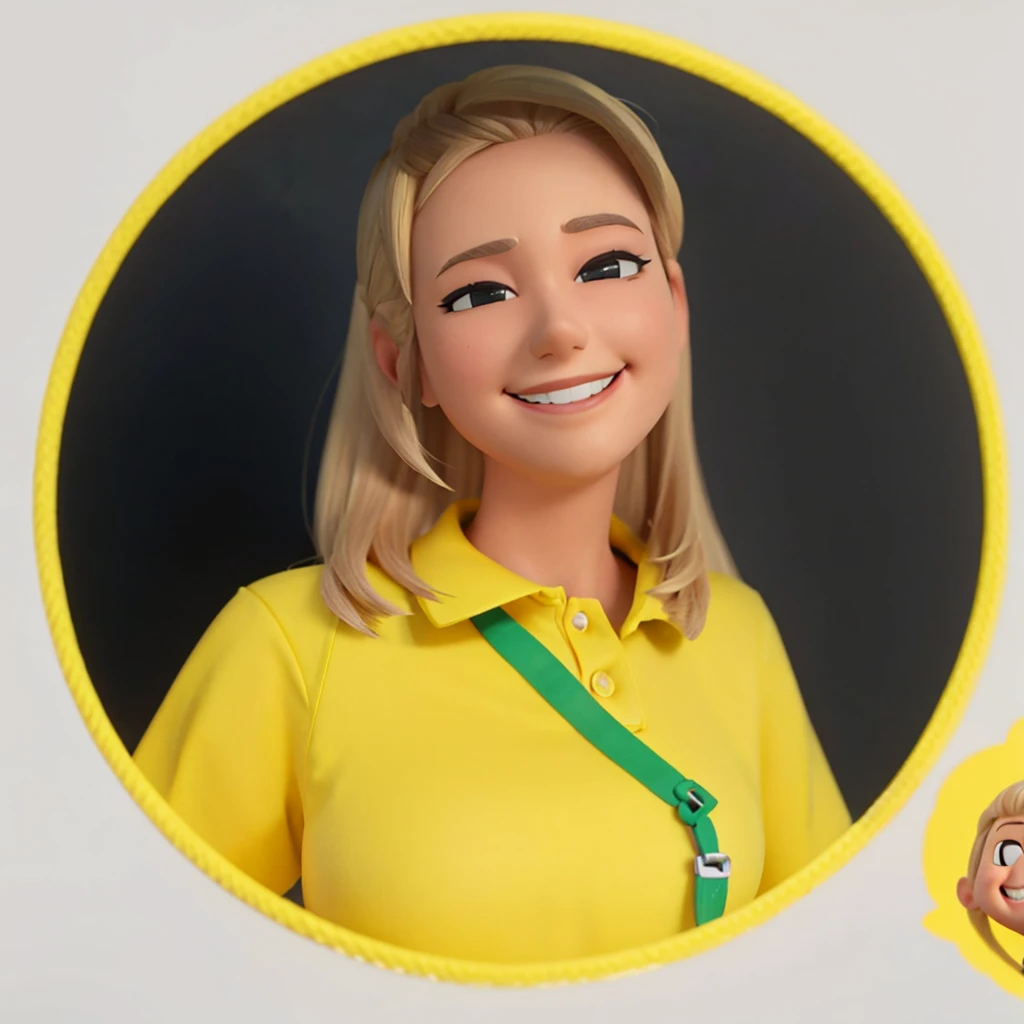 blonder woman, eyes black, Grinning, not cardboard pixar style. with yellow polo shirt
