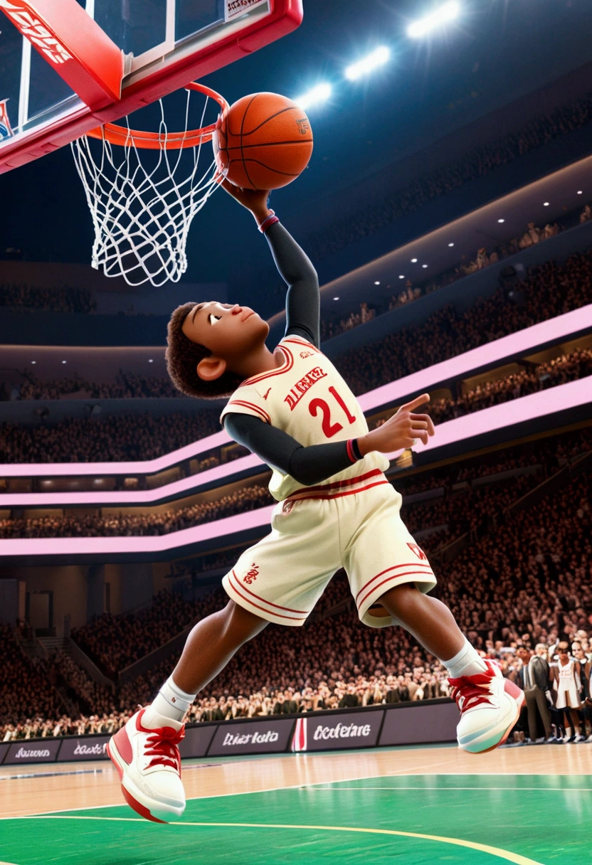 powerful basketball Dunk, Game-Winning Dunk, by Guy Denning, full body, cinematic still, (best quality, masterpiece), very aesthetic, perfect composition, intricate details, ultra-detailed, vivid colors