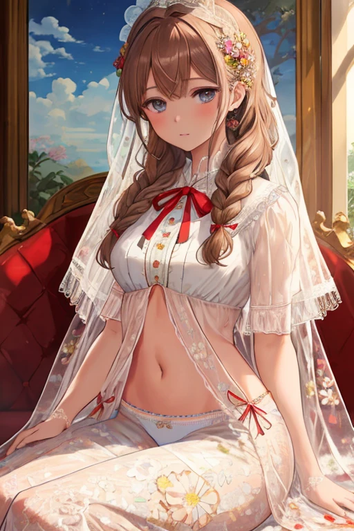 Masterpiece, Top Quality, High Quality, Photorealistic, Camera Raw, Realistic, Super Detailed, High Resolution, Raw Photography, Navel Exposed, Wearing a Delicate White Lace Veil and Intricate Lace Underwear Decorated with Floral Patterns Beautiful anime illustration of a girl with long braided brown hair wearing a pattern and ribbon. She is sitting in a seductive pose with a thoughtful expression. The background is simple and dark, highlighting her elegant and charming appearance.