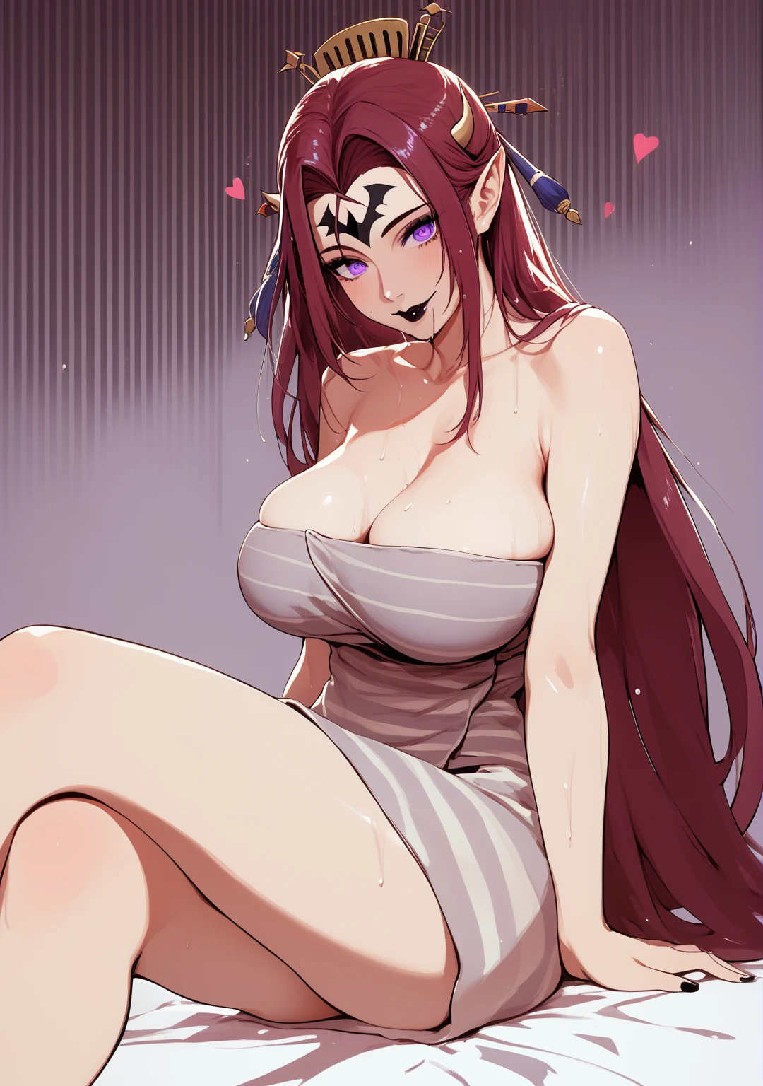 score_9, score_8_up, score_7_up, score_6_up, uncensored, lilithmon, black hair, forehead mark, horns, hair ornament, gauntlets, black lipstick, purple eyes, BREAK (masterpiece:1.2), best quality, high resolution, (detailed eyes:1.3), perfect lighting, (perfect hands, perfect anatomy), large breasts, sagging breasts, sweating, 1girl, breasts, striped, solo, sitting, crossed_legs, naked_towel, cleavage, bare_shoulders, towel, looking_at_viewer, striped_background, arm_support, seductive smile, hearts, collarbone, saliva, 