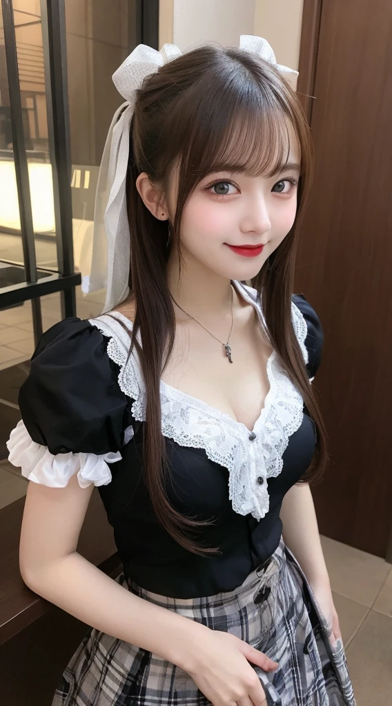 table top, highest quality, figure, super detailed, finely, High resolution, 8k wallpaper, Perfect dynamic composition, beautiful and fine eyes, medium hair,small breasts natural color lip, bold sexy pose,smile,harajuku、20 year old girl、cute、sexy shot looking at camera、gothic lolita clothes、skirt、blouse