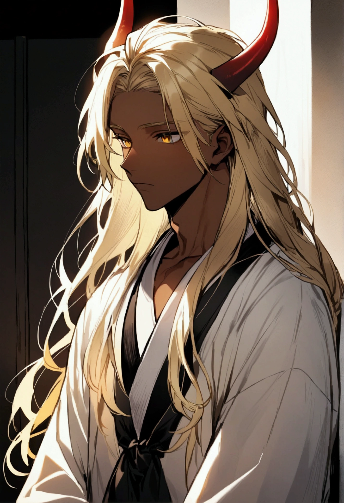 One Man,Beautiful young man with blond hair and dark skin,boy, 20-year-old, Yellow Eyes, length, Silky Hair,A red horn grows from one of its heads...,Wearing traditional Korean clothing,He has his bangs down,masculine body,Tie up long hair