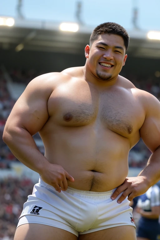 ((highest quality)), ((masterpiece)), (detailed), ((Perfect Face)), 4k, Shaved head, Young Japanese, Muscular, Fat body, Very big man, smile, ((showing off crotch)) A large Japanese man shirtless、whole body、Rugby player、Thick legs、Thick arm muscles、Intimidating、whole body、wearing a very tight and very short black-shorts,  (shirtless)、((At the rugby field)), haka dance