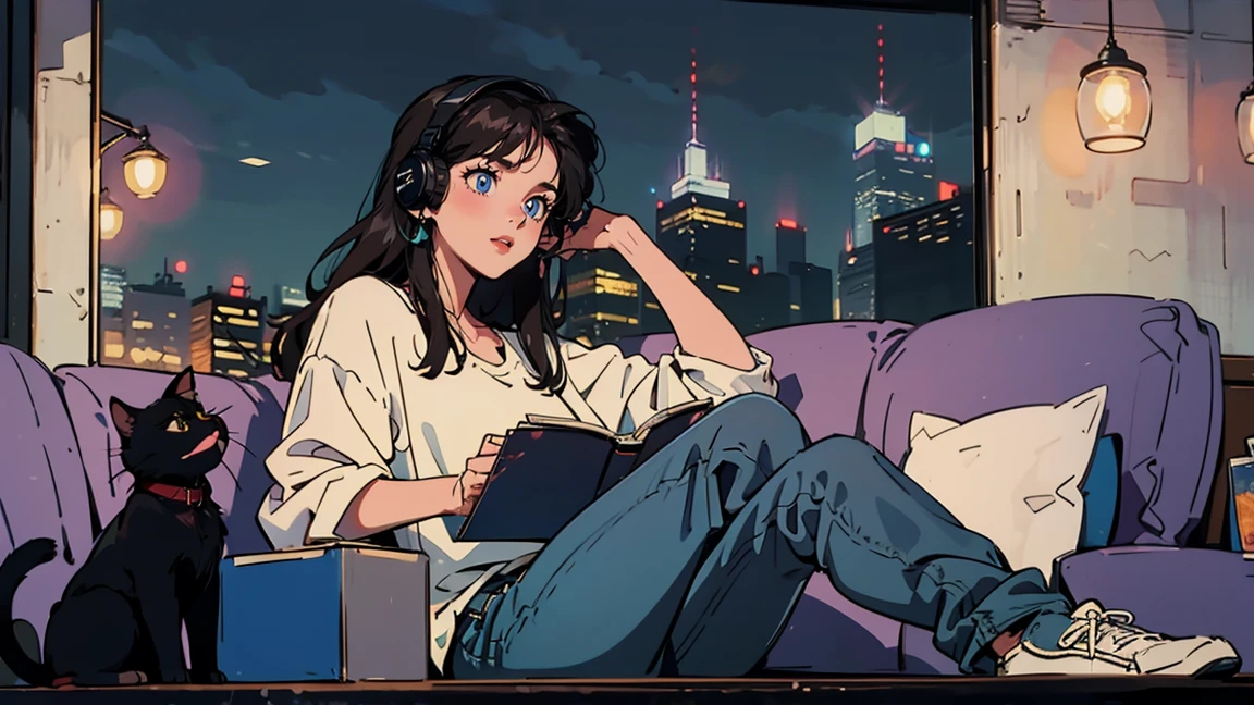 a girl in 1990s style with 2010s hairstyle, beautiful detailed eyes, beautiful detailed lips, extremely detailed eyes and face, long eyelashes, black hair, long hair, bright brown eyes, citypop, jeans, night cityscape, wearing headphones, reading a book, full body, relaxing with coffee, table, snacks, looking at camera, black cat