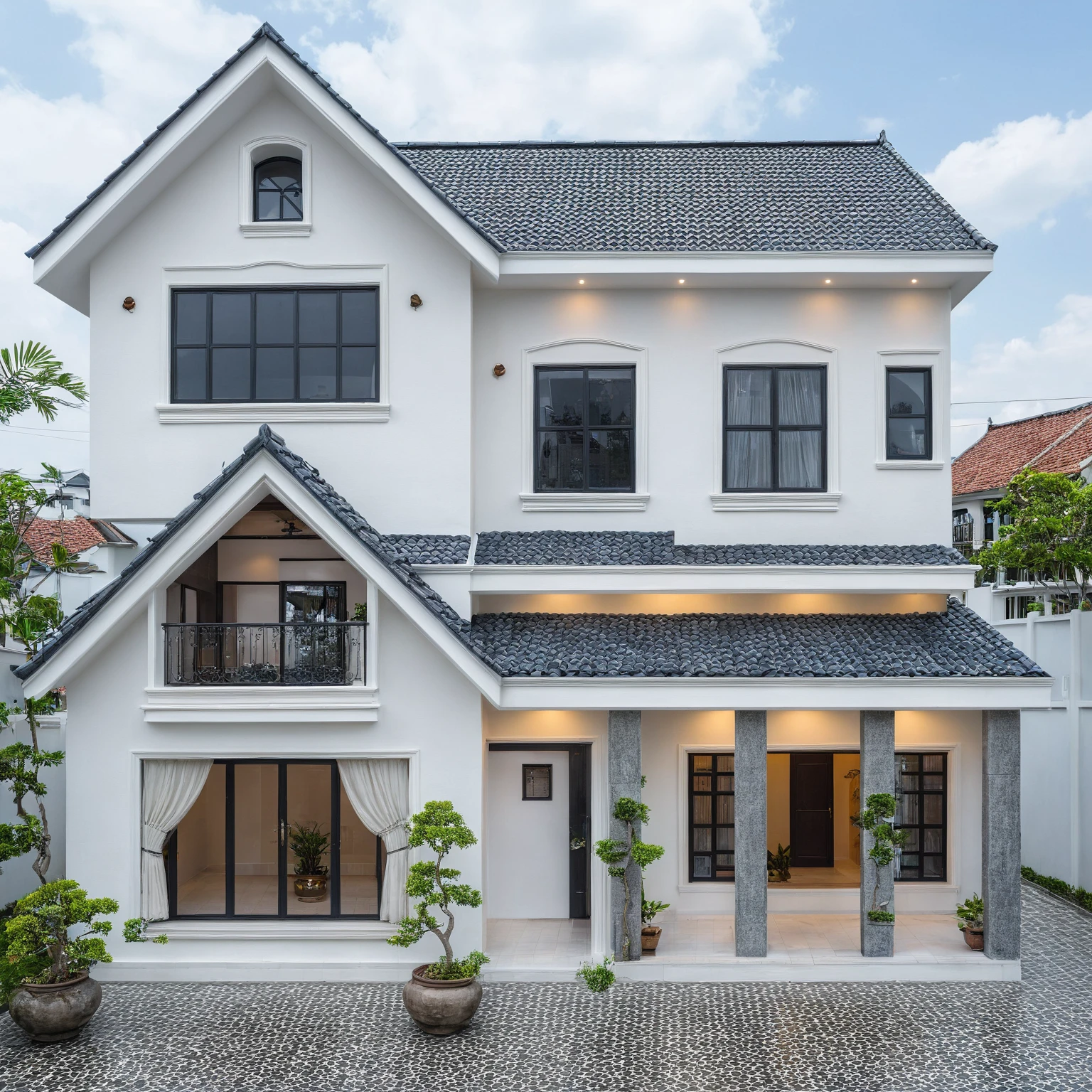 (bright image), A double story modern style house in the middle of Vietnam, (dark grnite tiled wall),(classic detail), simple and elegant architecture with white walls on top half and grey tiles roof, large windows with, entrance door is white with arched shape, bonsai trees, wide tile stone courtyard, professional photography, daylight, natural light, high resolution photography, (best quality, ultra realistic, masterpiece:1.15)