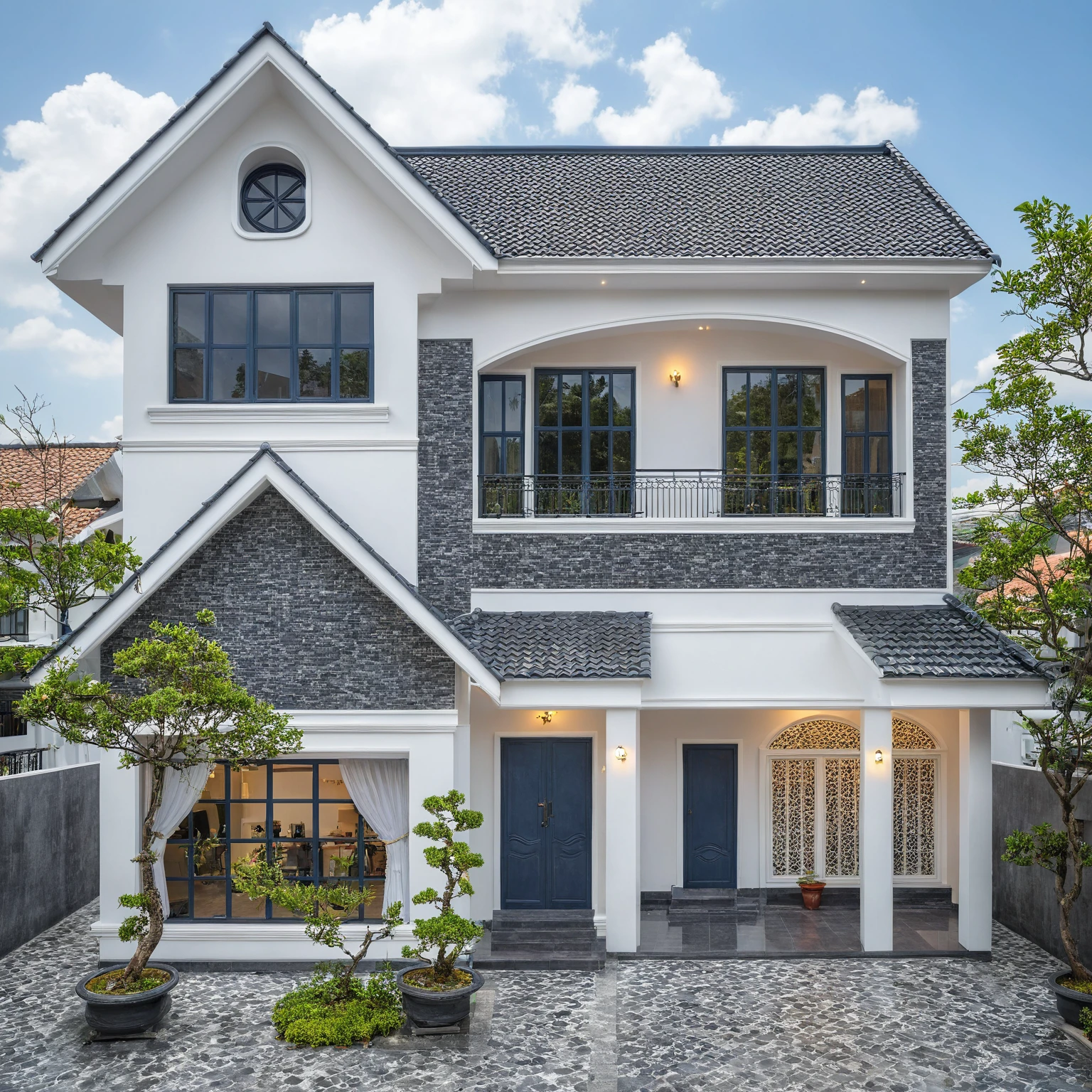 (bright image), A double story modern style house in the middle of Vietnam, (dark grnite tiled wall),(classic detail), simple and elegant architecture with white walls on top half and grey tiles roof, large windows with, entrance door is white with arched shape, bonsai trees, wide tile stone courtyard, professional photography, daylight, natural light, high resolution photography, (best quality, ultra realistic, masterpiece:1.15)