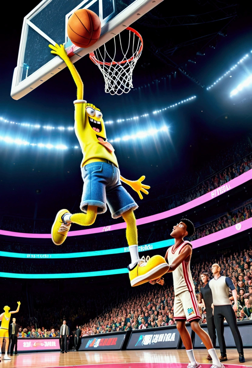powerful basketball Dunk, Game-Winning Dunk, by Guy Denning, full body, cinematic still, (best quality, masterpiece), very aesthetic, perfect composition, intricate details, ultra-detailed, vivid colors