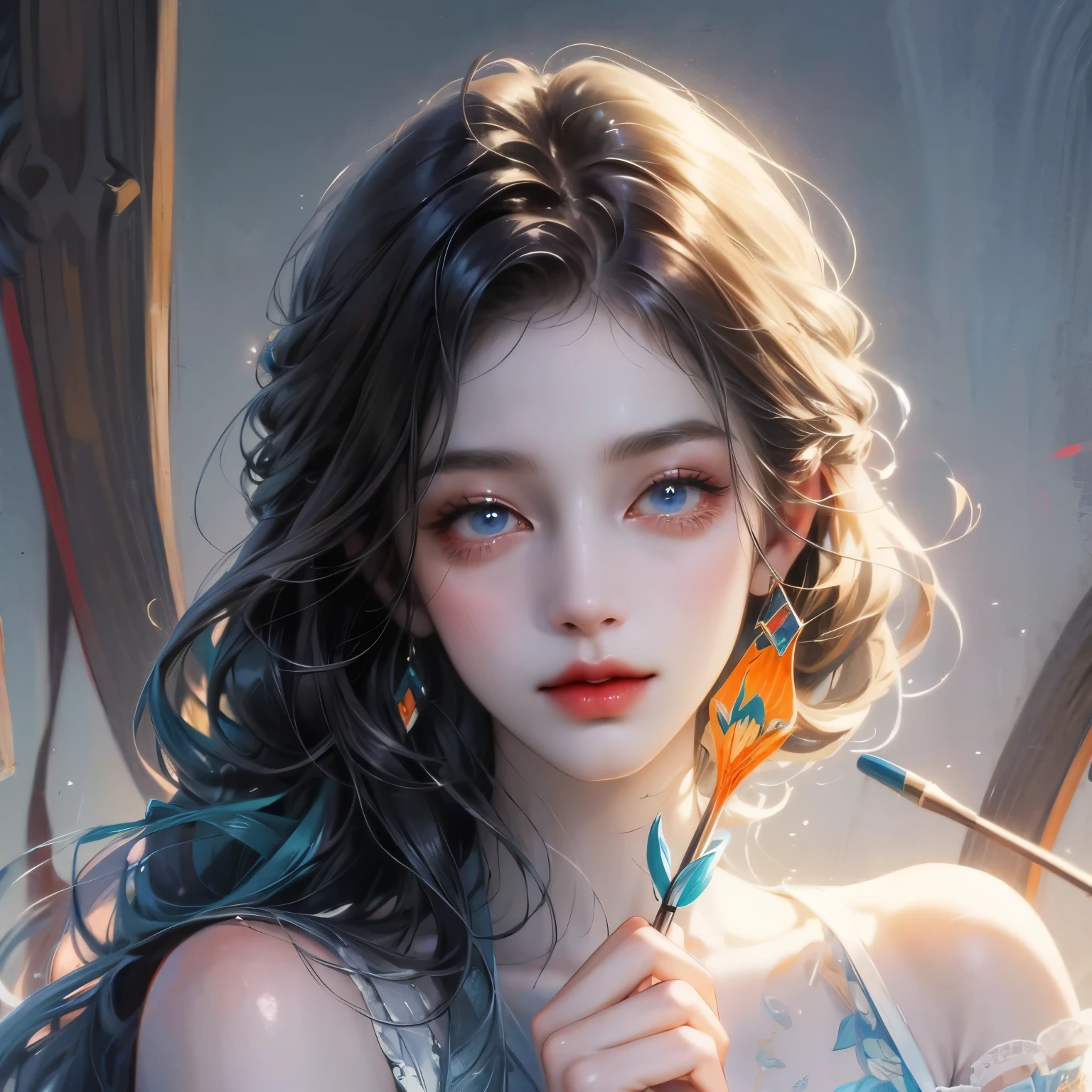 The painting shows a woman with blue eyes,Holding a flower in hand, Colored pencil sketch, Colored pencil sketch, Colored pencil sketch, Colored pencil sketch, Painting, Draw with colored pencils, Painting, Painting, Color Sketch, Colored pencil sketch, Colored pencil sketch, 详细的彩色portrait, colored pencil illustration, 高品质Color Sketch, portrait
