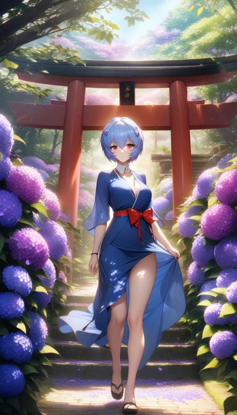 masterpiece, best quality, very aesthetic, absurdres, 1girl, mature_lady, ,Ayanami Rei, short hair,blue hair, red eyes,,Blue dress, white collar, red bow,surrounding by flowers,falling_petals, outdoors, petals,,Wallpaper Fusion, dappled sunlight, day, flower, hydrangea, leaf, light rays, nature, outdoors, path, plant, purple flower, scenery, stairs, sunlight, torii, tree, wisteria,floating_clothes,pussy_juice