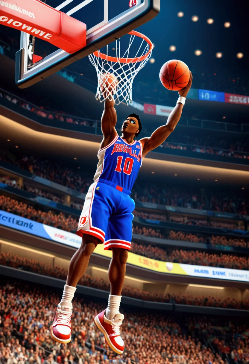 powerful basketball Dunk, Game-Winning Dunk, Mario, full body, cinematic still, (best quality, masterpiece), very aesthetic, perfect composition, intricate details, ultra-detailed, vivid colors