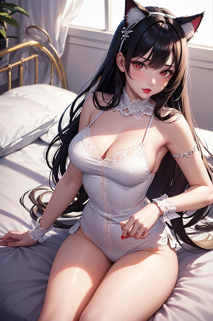 Detailed facial details，16 years old，1 girl，Red lips，Cat ear，Black long hair，Wearing snow-white latex lace bunny，Large Breasts，Slim，Handcuffs，Collar，Radiant Skin，Sitting at the table，Hospital