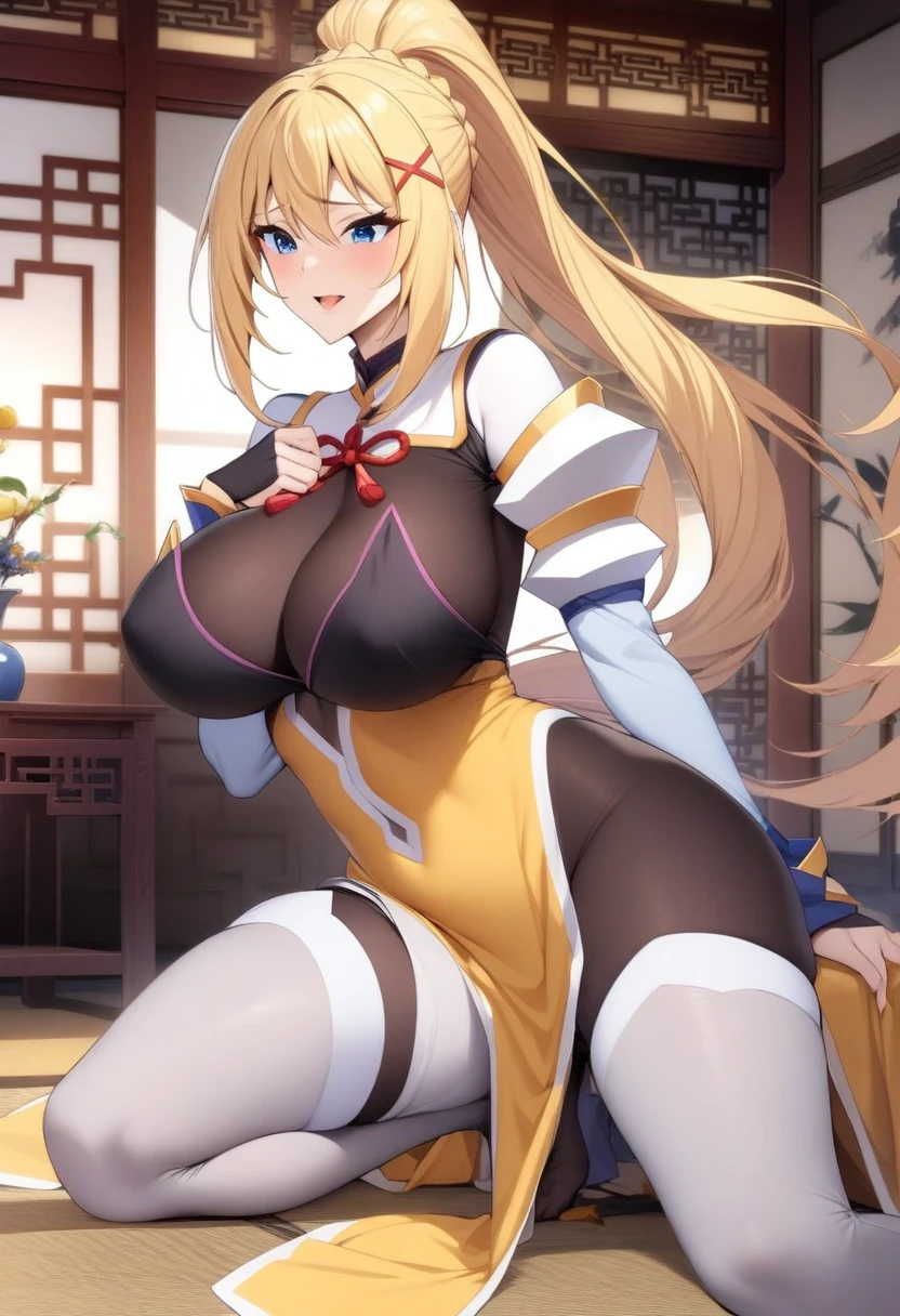 masterpiece, best quality, very aesthetic, absurdres, 1girl, mature_lady, ,,darkness_(konosuba), kono_subarashii_sekai_ni_shukufuku_wo!, 1girl, long_hair,  ponytail, blonde_hair,  x_hair_ornament, braid, blue_eyes, large_breasts, white_armor, yellow_dress,black_bodysuit,,,in a traditional chinese room,floating_hair,covered_pussy