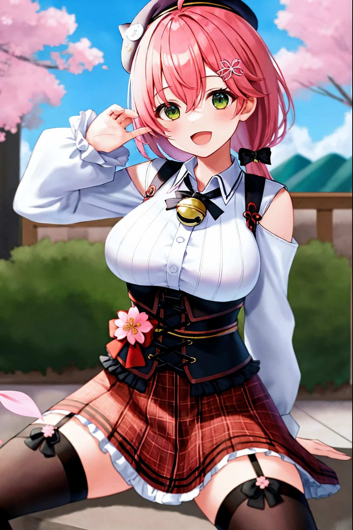 masutepiece, Best_Quality, hight_resolution, miko2,Ponytail, 1girl, Ahoge, black headwear, Hair Ornament, White shirt, black thighhighs, Pink hair, Red_skirt, very_short_skirt, plaid skirts, garter_strap, Collared shirt, hair clips, frilld, Bangs, hair between eye, frills skirt, beret, Pleated skirt, Hair Flower, Neck bell, , puffy long sleeves, Black bow, Underbust, Cowboy Shot,Smile, (large_breasts:1.3),covered_nipples, covered_pussy,green_eyes, happy, childlike_posing,spread_legs,(big_smile:1.2),plump,open_mouth,shout,half_eyes,cherryblossom_park_background,