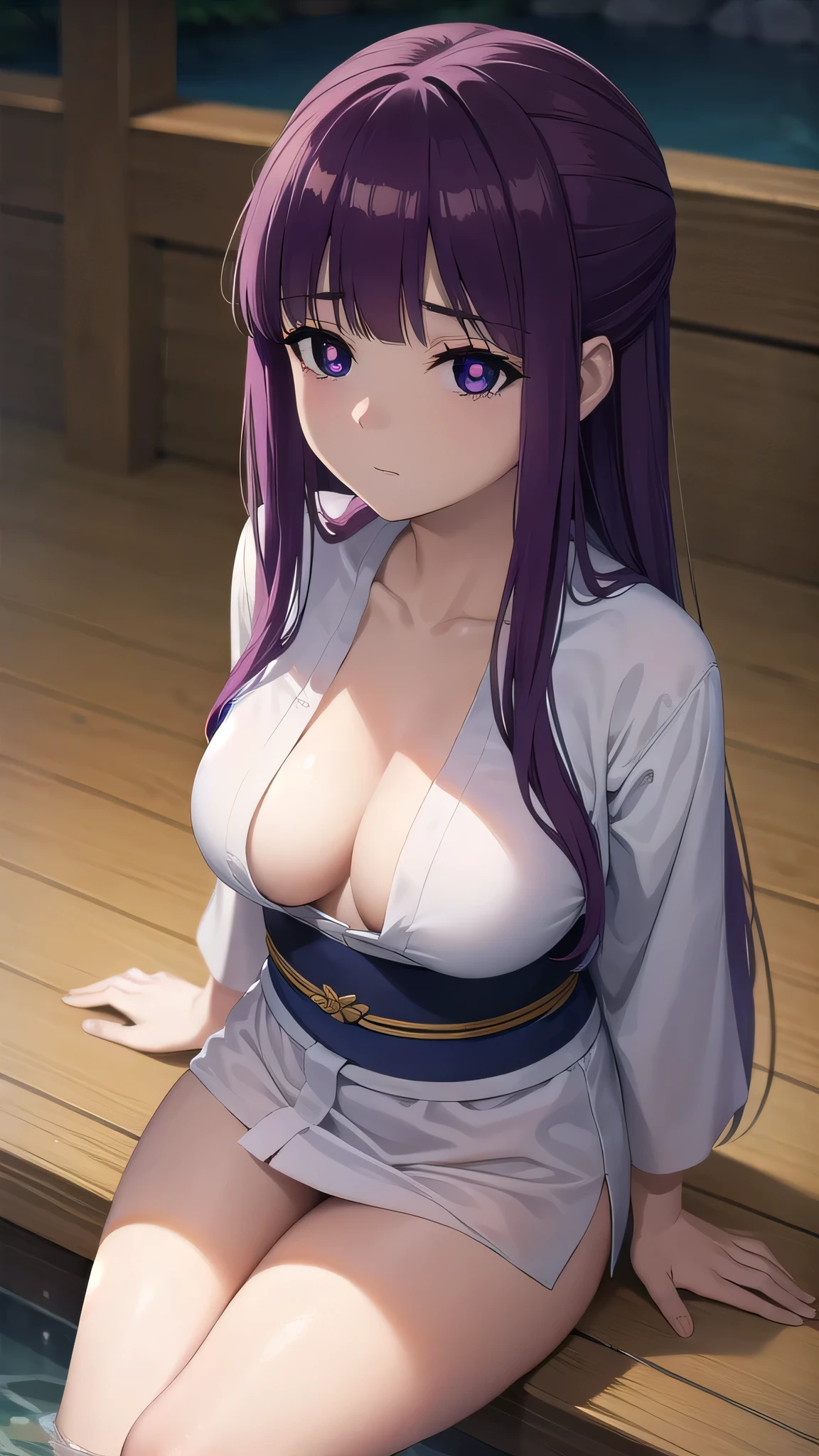 BREAK looking at viewer, BREAK (masterpiece:1.2), best quality, high resolution, unity 8k wallpaper, (illustration:0.8), (beautiful detailed eyes:1.6), extremely detailed face, perfect lighting, extremely detailed CG, (perfect hands, perfect anatomy)fern, long hair, bangs, (purple eyes:1.1), purple hair, sidelocks, blunt bangs, (bright pupils:1.5),onsen,hot springs, night, half updo,
long sleeves,Japanese clothes,yukata, sash, cleavege,neckline,stockings,from above,upskirt,showing panties,camel toe,,staying on knees,on knees