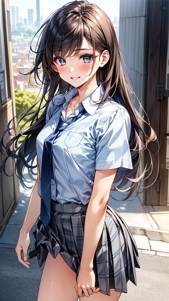 (masterpiece:1.3, Highest quality, Ultra-high resolution, Super detailed), (Realistic:1.1, photoRealistic:1.4), Beautiful illustrations, Perfect lighting, colorful, Depth of written boundary, Two arms and beautifully detailed hair, Beautifully detailed face, Beautiful attention to detail, Beautiful clavicle, Beautiful body, Beautiful breasts, Beautiful thighs, Beautiful feet, Beautiful fingers,
View your viewers, 1 girl, Japanese, high school girl, Perfect Face, (Perfect Anatomy, Anatomically correct), Cute and symmetrical face, Baby Face, Sunburn, Glowing Skin,
(Long Hair:1.5,:1.2, gold), Asymmetrical bangs, blue eyes, Small eyes, Long eyelashes, (Medium chest), thin,
((Collared short-sleeved shirt, Light blue shirt, , Grey plaid pleated skirt, Navy tie)), Light blue panties,
(Beautiful views), evening, (Outdoor, distant cityscape), Are standing, Place your hand on your chest, (Cute smile, Upward glance, Open your mouth),