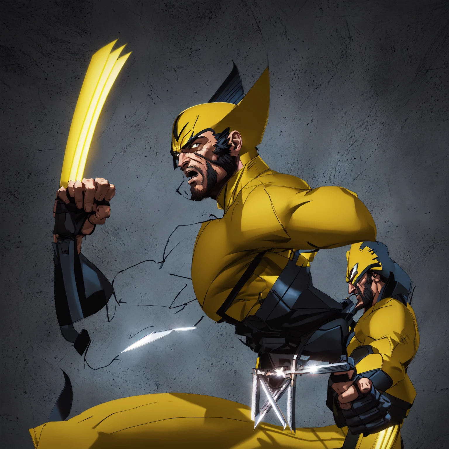 Master Piece, best quality, (extremely detailed CG unity 8k wallpaper), (best quality) 8k detail. wolverine with a three knives coming out of his glove from both hands, wolverine action pose, wolverine, wolverine ate, portrait of wolverine, clint eastwood as wolverine, 90s comic book character design, digitally colored, yellow x-man costume, inspired by Jim Lee, menacing pose